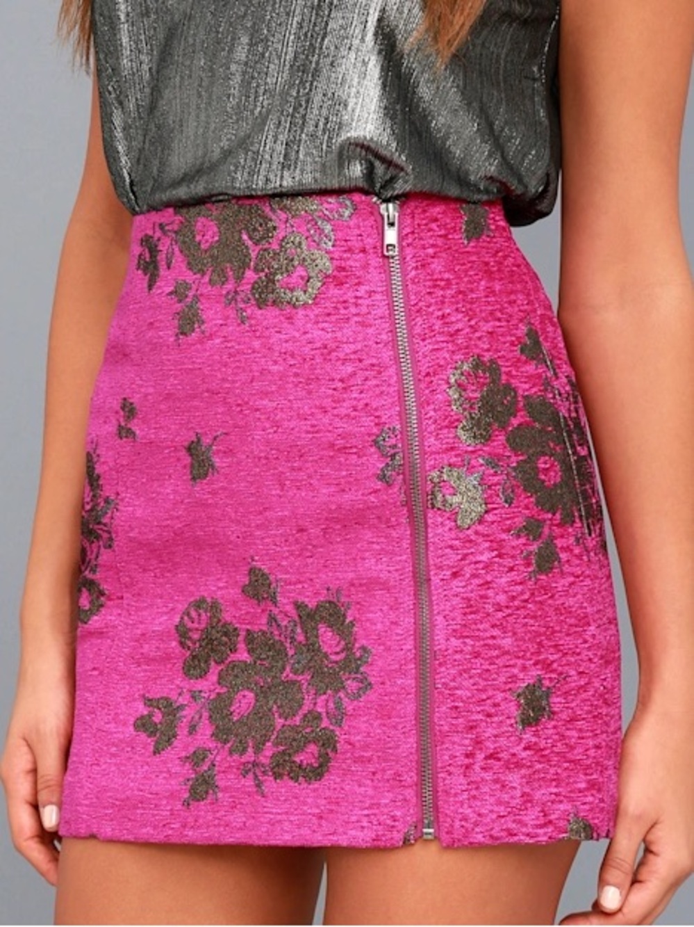 Free People Pink Movin On Metallic Floral Zip Up Mini Skirt